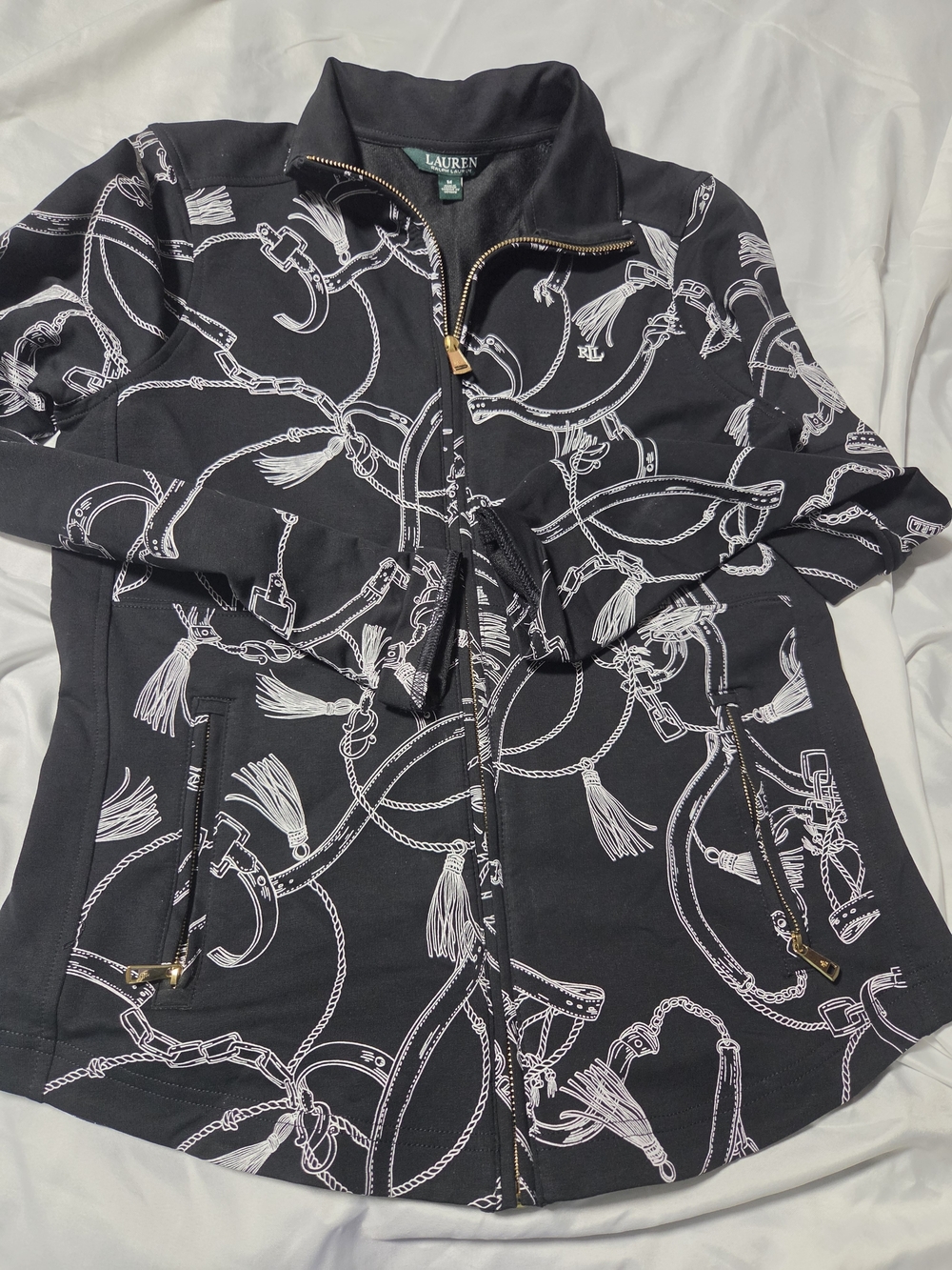 Lauren Ralph Lauren Black Bomber Jacket with White Equestrian Chain Print